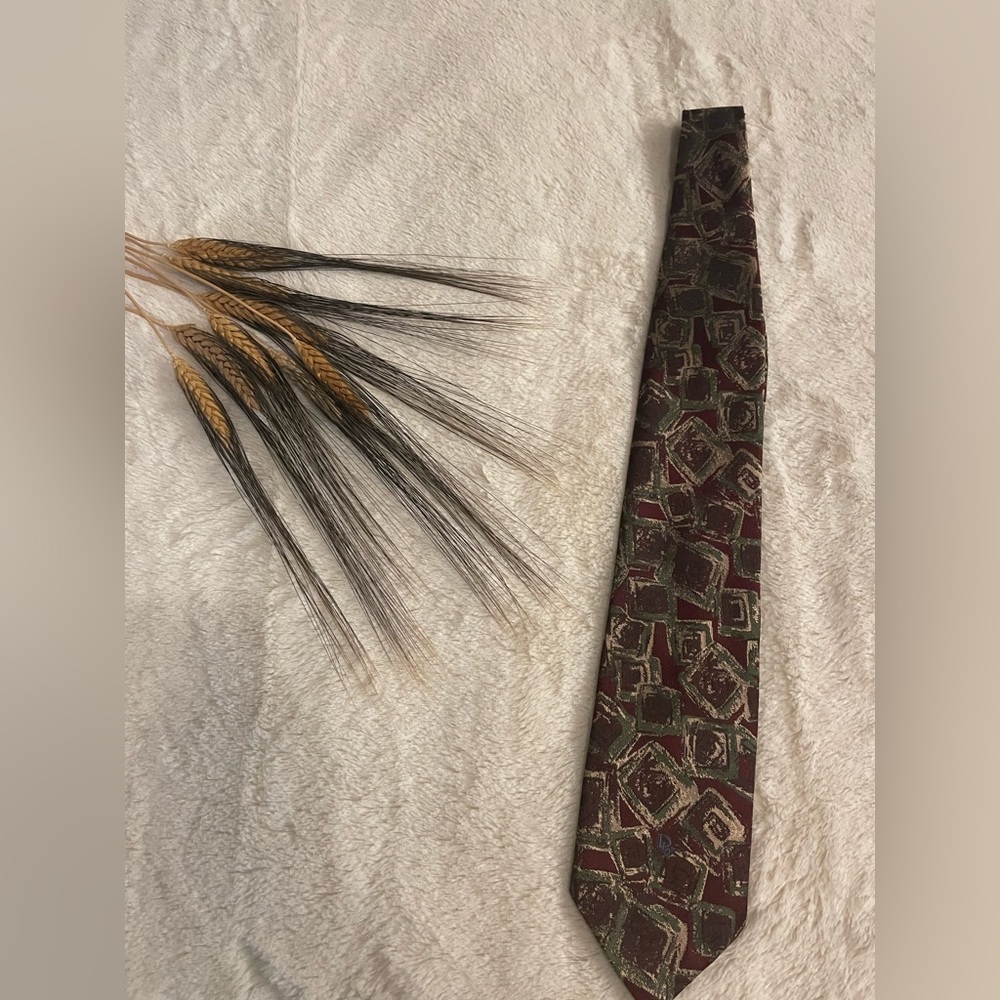 Christian Dior tie. Maroon tie with gold and green squares. EUC